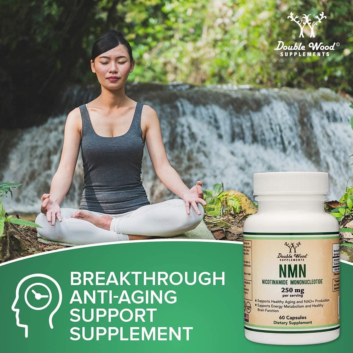 NMN Supplement 250mg Per Serving (Nicotinamide Mononucleotide), to Boost NAD+ Levels for Anti Aging by Double Wood Supplements (60 Capsules)