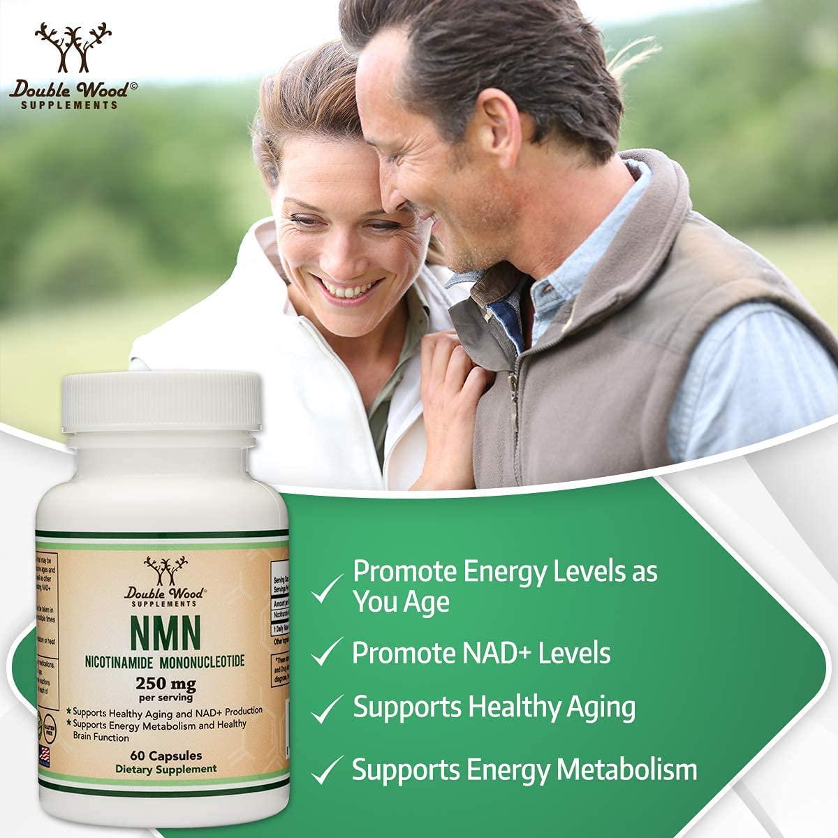 NMN Supplement 250mg Per Serving (Nicotinamide Mononucleotide), to Boost NAD+ Levels for Anti Aging by Double Wood Supplements (60 Capsules)