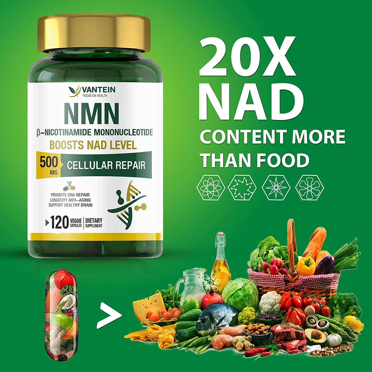 NMN Supplement, 500MG (120 Capsules) NMN Nicotinamide Mononucleotide Powder for Supports Anti-Aging, Longevity and Energy, Enhance Concentration, Naturally Boost NAD+ Levels