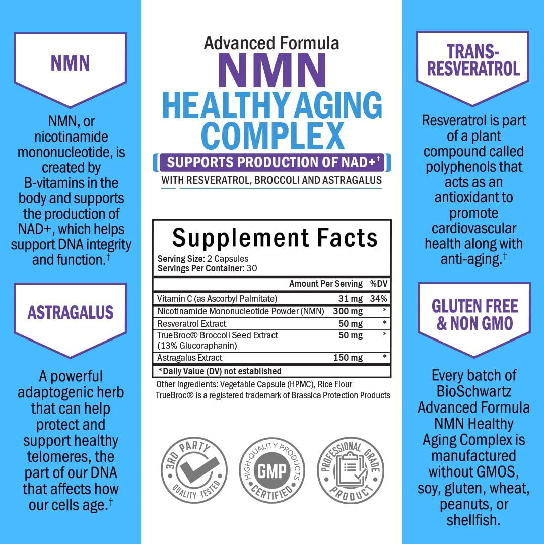 NMN Supplement - Nicotinamide Mononucleotide Powder for Healthy Aging and Energy Support - 60 Capsules
