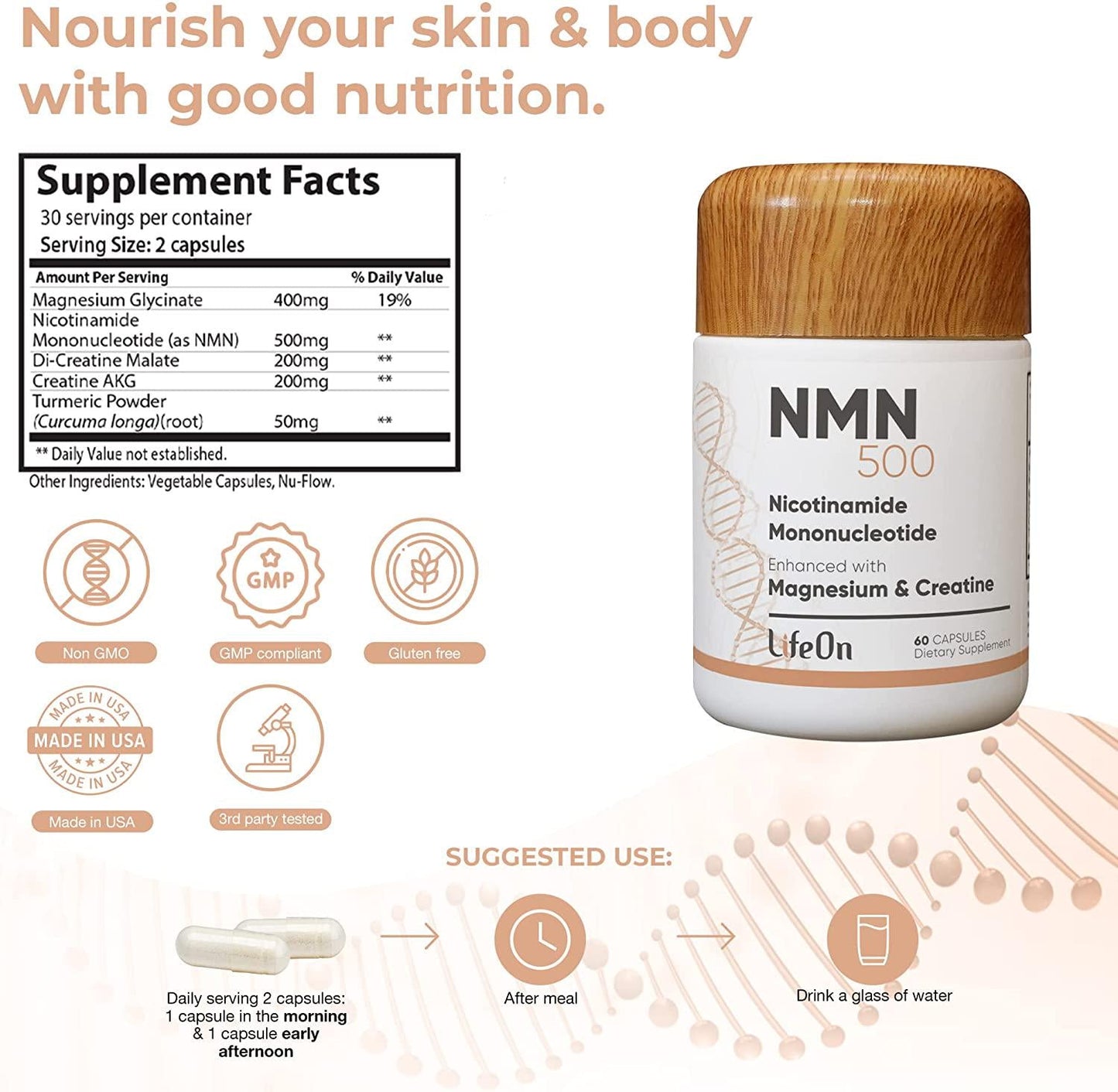 NMN Supplement with Magnesium Malate and Creatine, Nicotinamide 500mg, Potent Anti Aging and Skin Care, Brain Booster Supplements, NAD Cell Regenerator for DNA Repair,Longevity and Energy, 60 Capsule