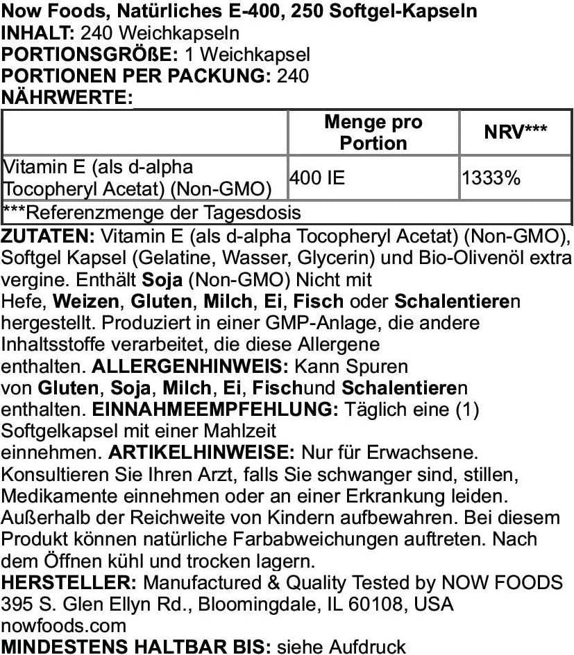 NOW E-400 d-alpha, 250 Softgels