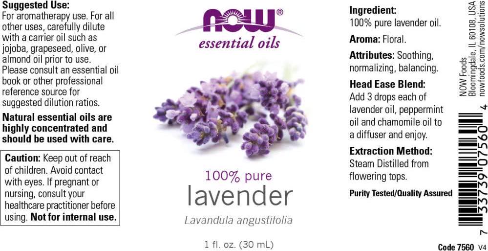 NOW Essential Oils, Lavender Oil, Soothing Aromatherapy Scent, Steam Distilled, 100% Pure, Vegan, Child Resistant Cap, 1-Ounce