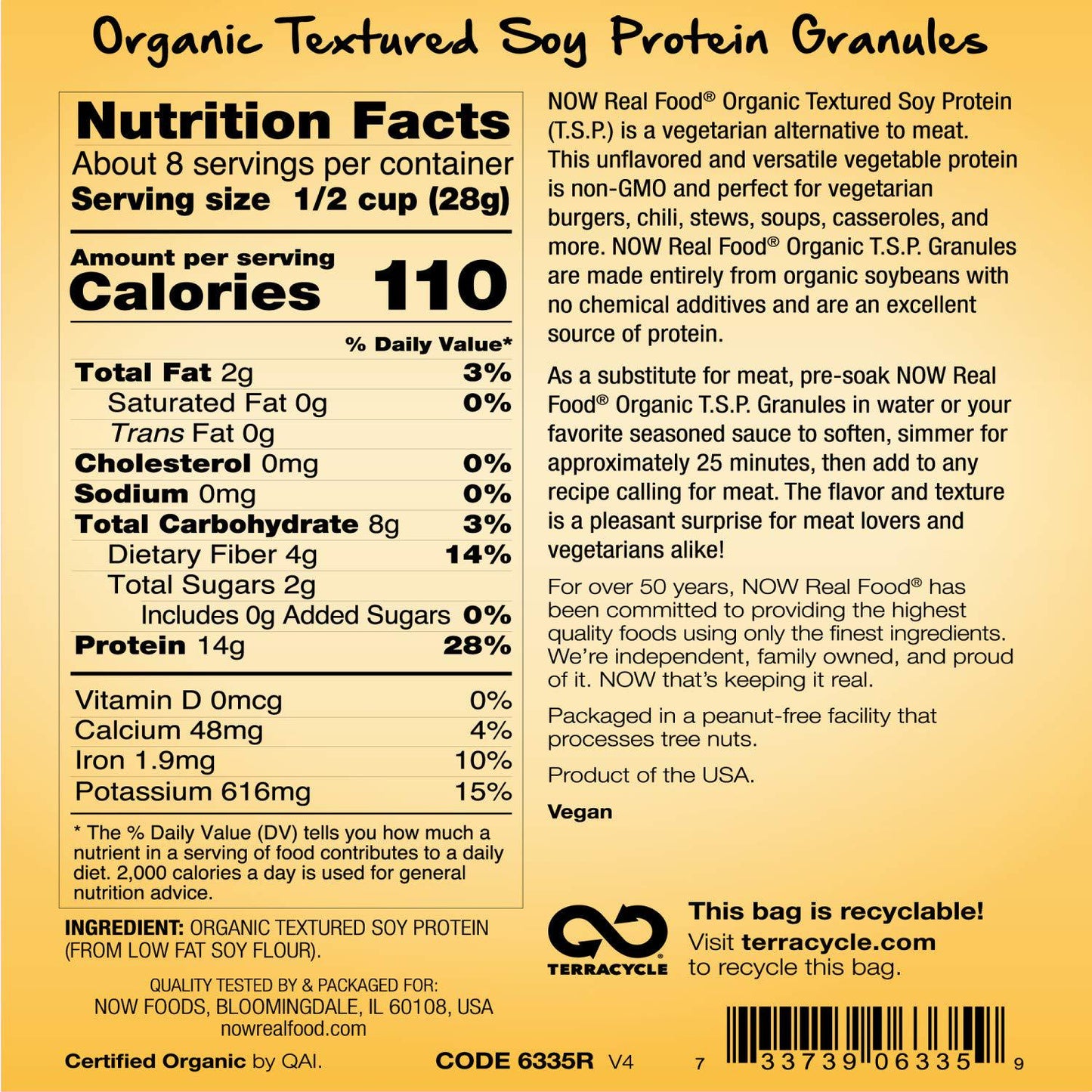 NOW Foods, Organic Textured Soy Protein Granules, Non-GMO, Versatile, Vegetable-Sourced Protein, 8-Ounce (Packaging May Vary)