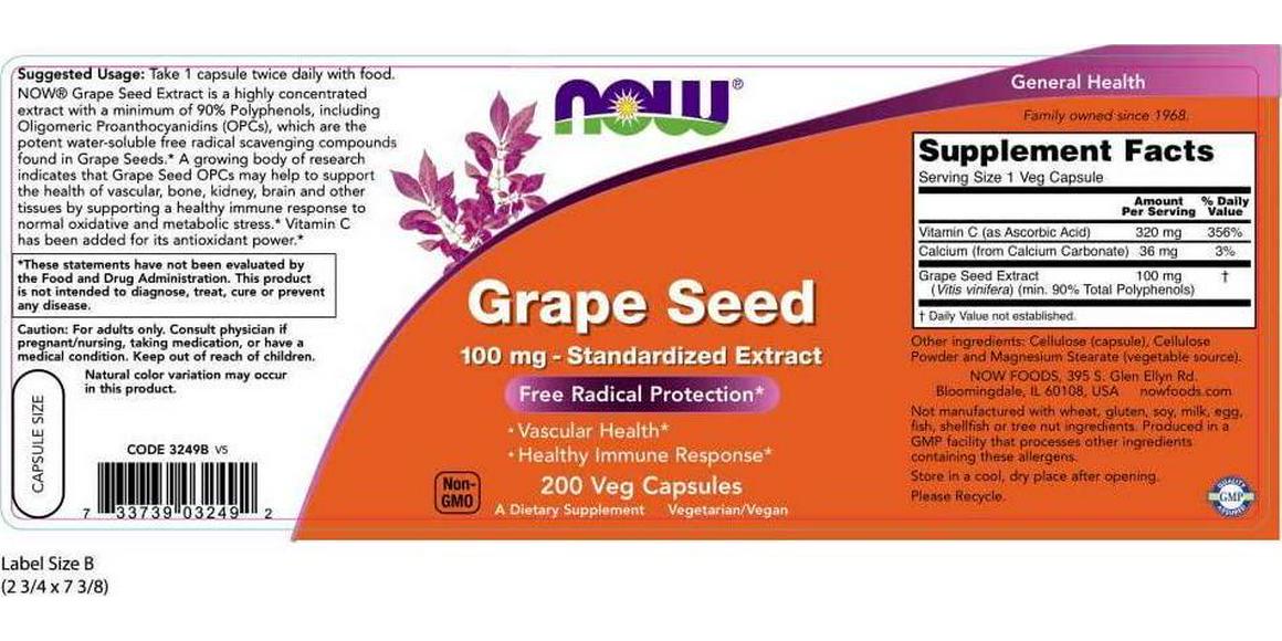 NOW Grape Seed Anti 100mg,200 Veg Capsules