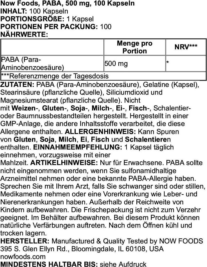 NOW PABA 500mg,100 Capsules