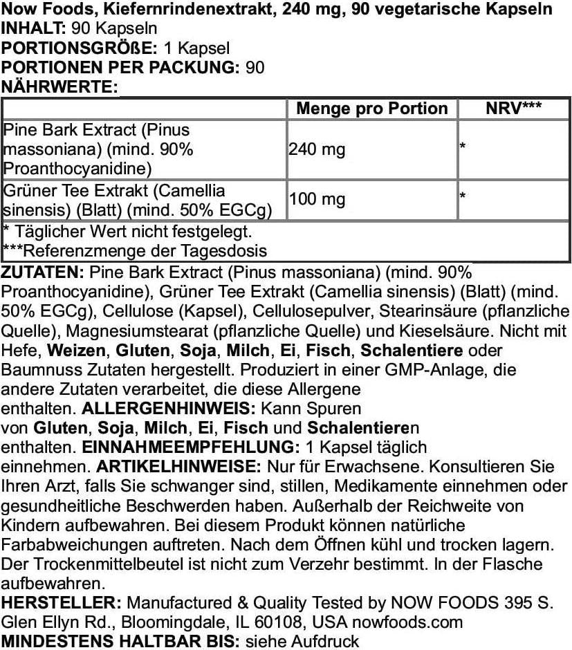 NOW Pine Bark Extract 240 mg,90 Veg Capsules