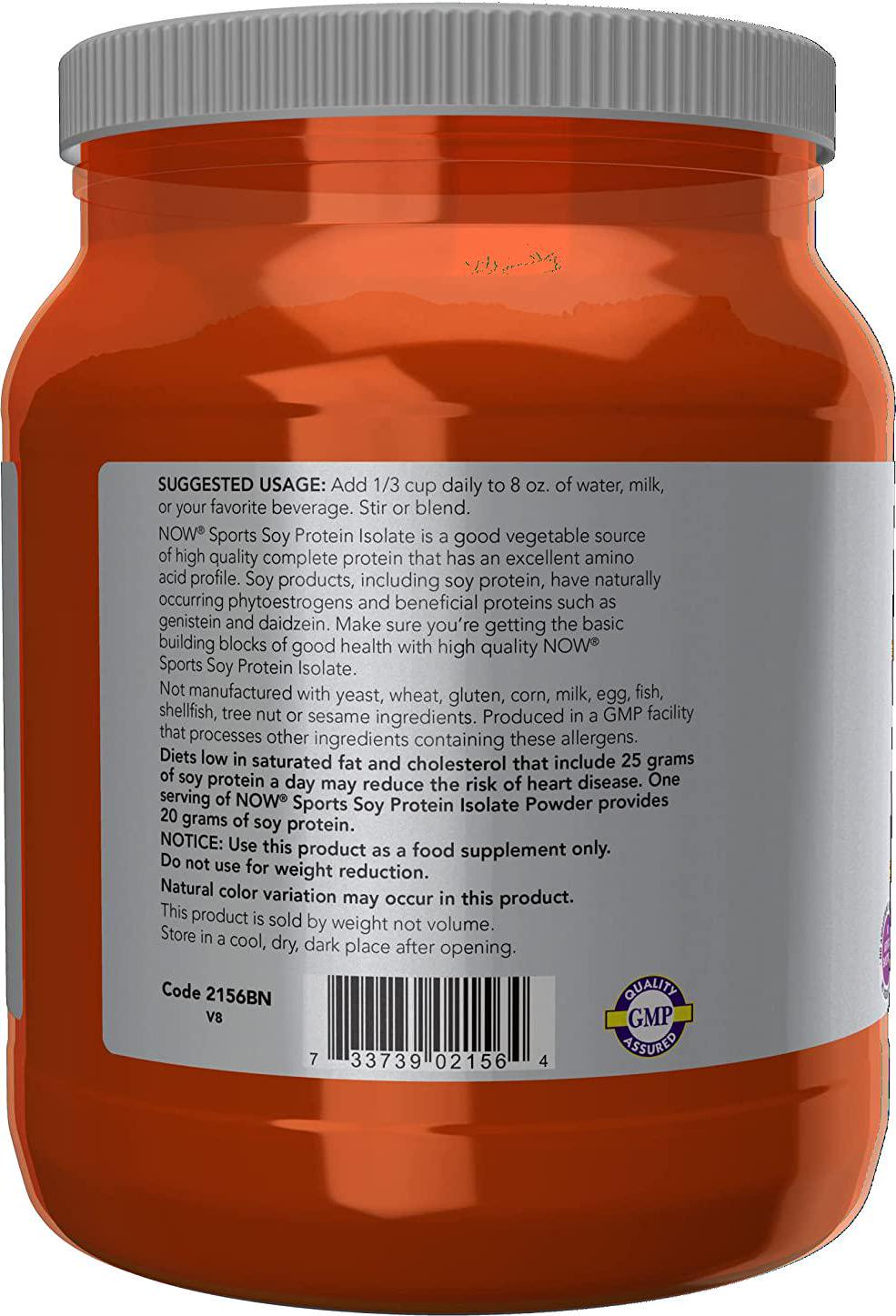 NOW Sports Nutrition, Soy Protein Isolate 20 G, 0 Carbs, Unflavored Powder, 1.2-Pound