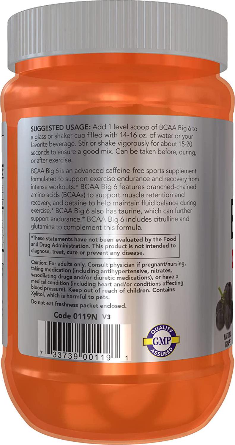NOW Sports Nutrition, BCAA (Branched Chain Amino Acids) Big 6, Grape Flavor, 600 Grams