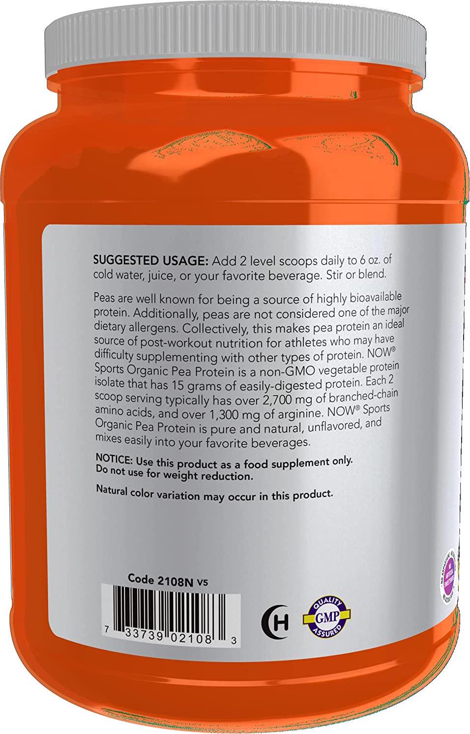 NOW Sports Nutrition, Certified Organic Pea Protein 15 Grams, Unflavored Powder, 1.5-Pound