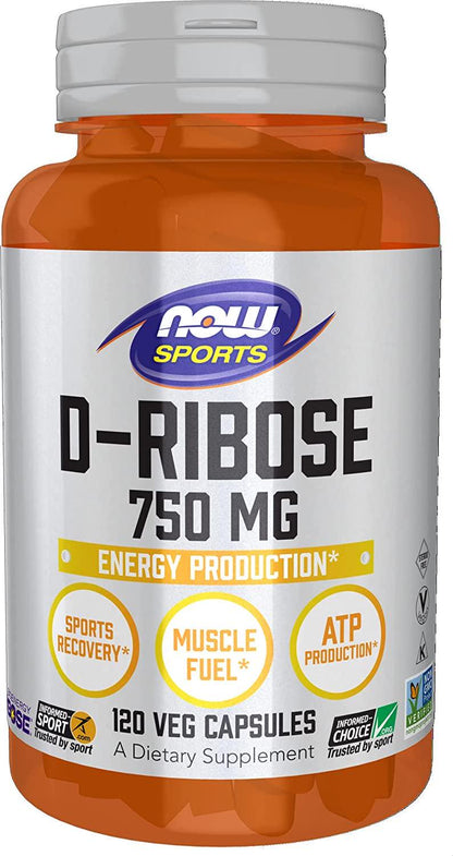 NOW Sports Nutrition, D-Ribose 750 mg, Certified Non-GMO, Energy Production*, 120 Veg Capsules