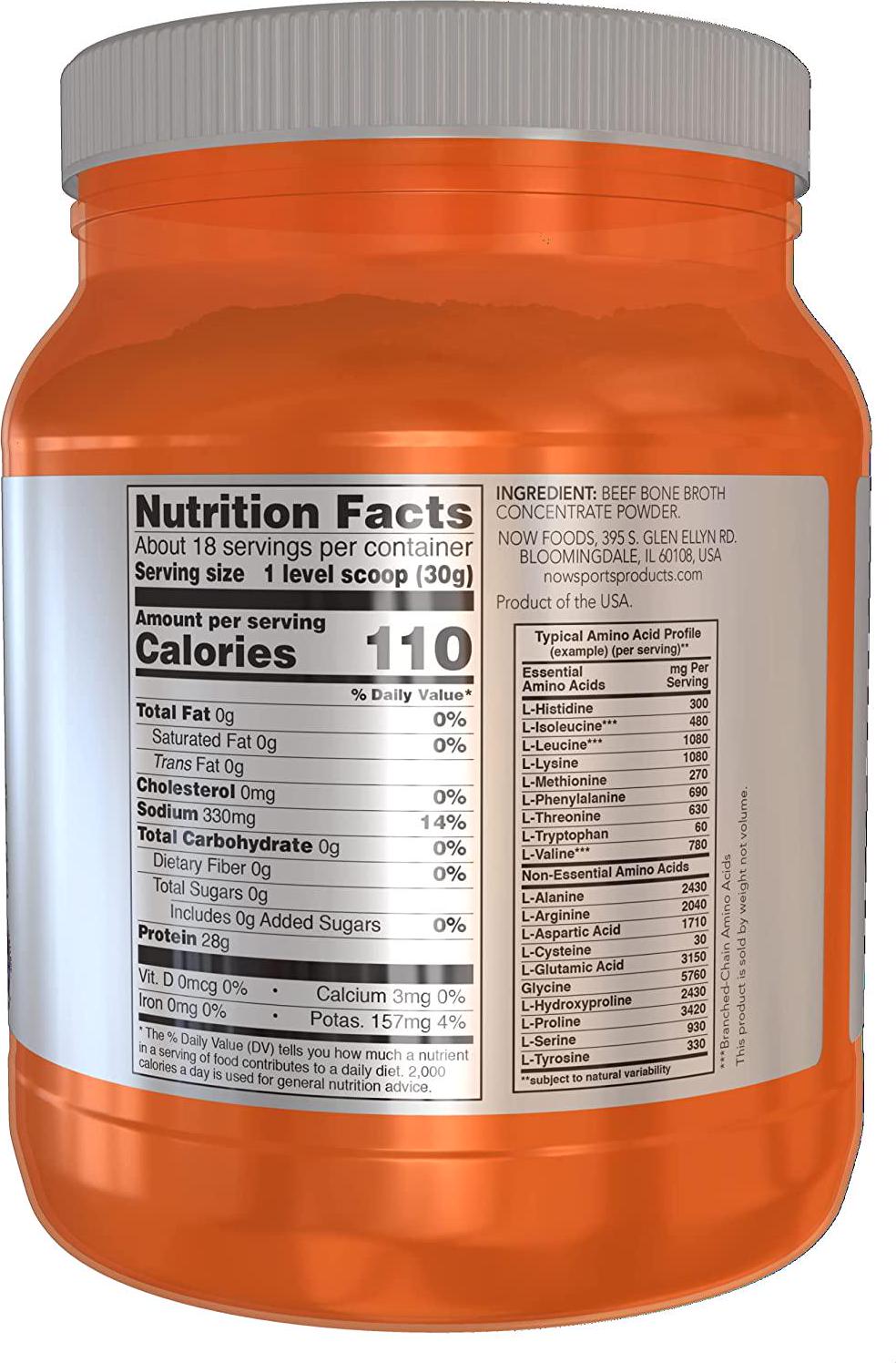 NOW Sports Nutrition, Beef Bone Broth Powder made with Premium-Quality Beef Bone Extract , 1.2-Pound