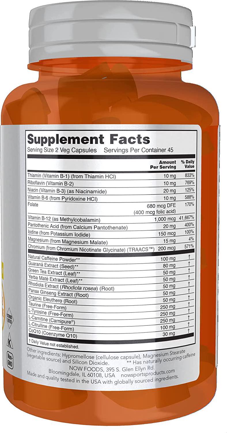 NOW Sports Nutrition, Sports Energy Extreme with B Vitamins and other cofactors such as Chromium, Magnesium Malate and Carnitine, 90 Veg Capsules