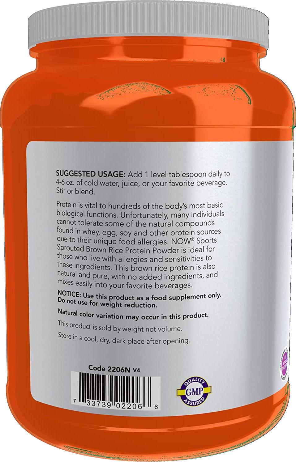 NOW Sports Nutrition, Sprouted Brown Rice Protein, 80% Protein, Unflavored Powder, 2-Pound