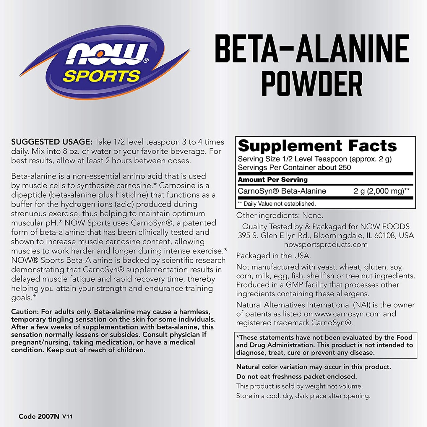 NOW Sports Nutrition, Beta-Alanine Pure Powder 2,000 mg, Muscular Endurance*, 500 Grams