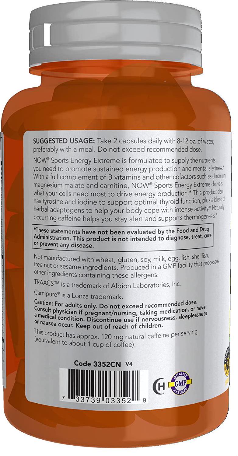 NOW Sports Nutrition, Sports Energy Extreme with B Vitamins and other cofactors such as Chromium, Magnesium Malate and Carnitine, 90 Veg Capsules