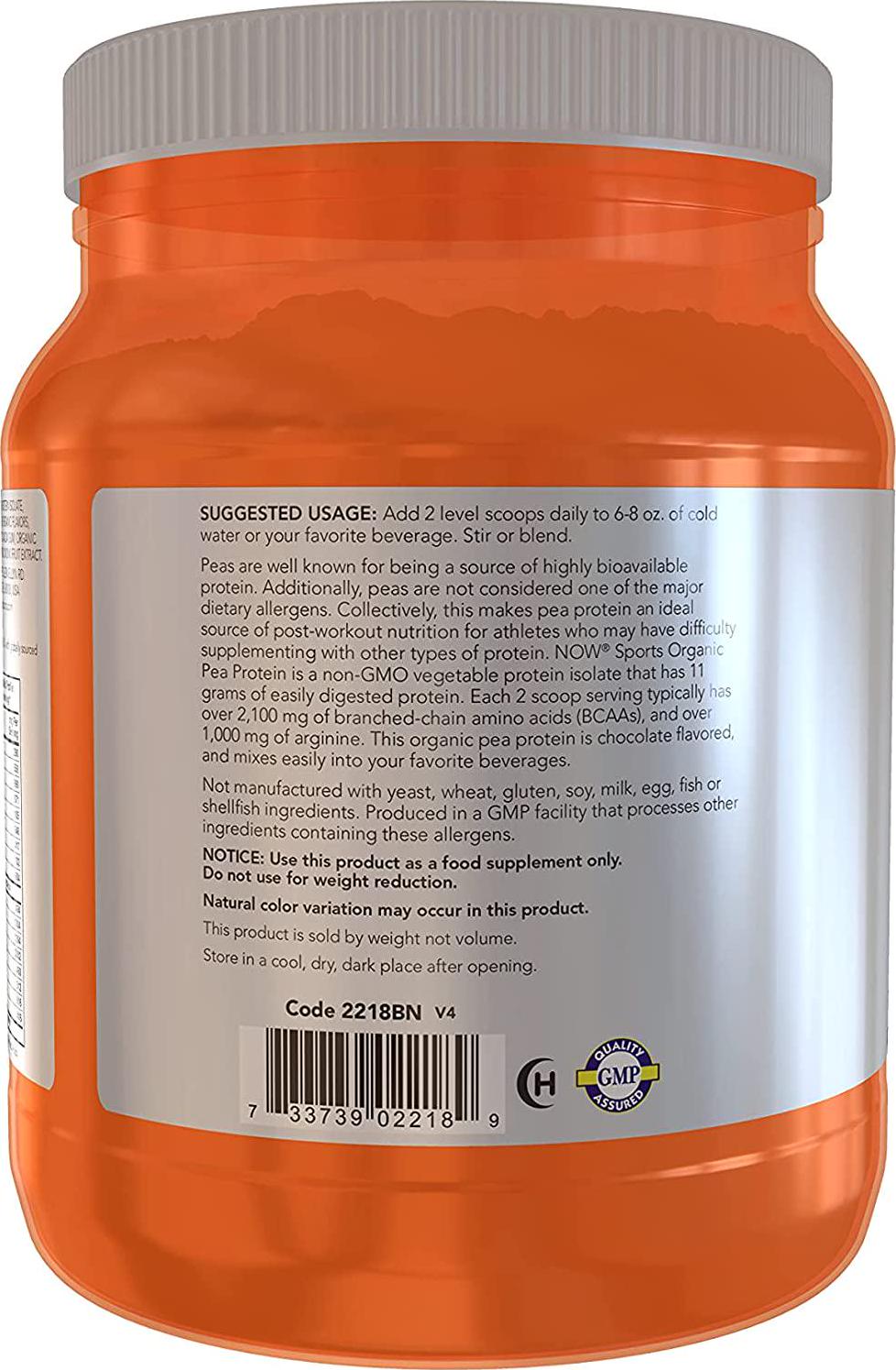 NOW Sports Nutrition, Certified Organic Pea Protein, 11g With BCAAs, Creamy Chocolate Powder, 1.5-Pound