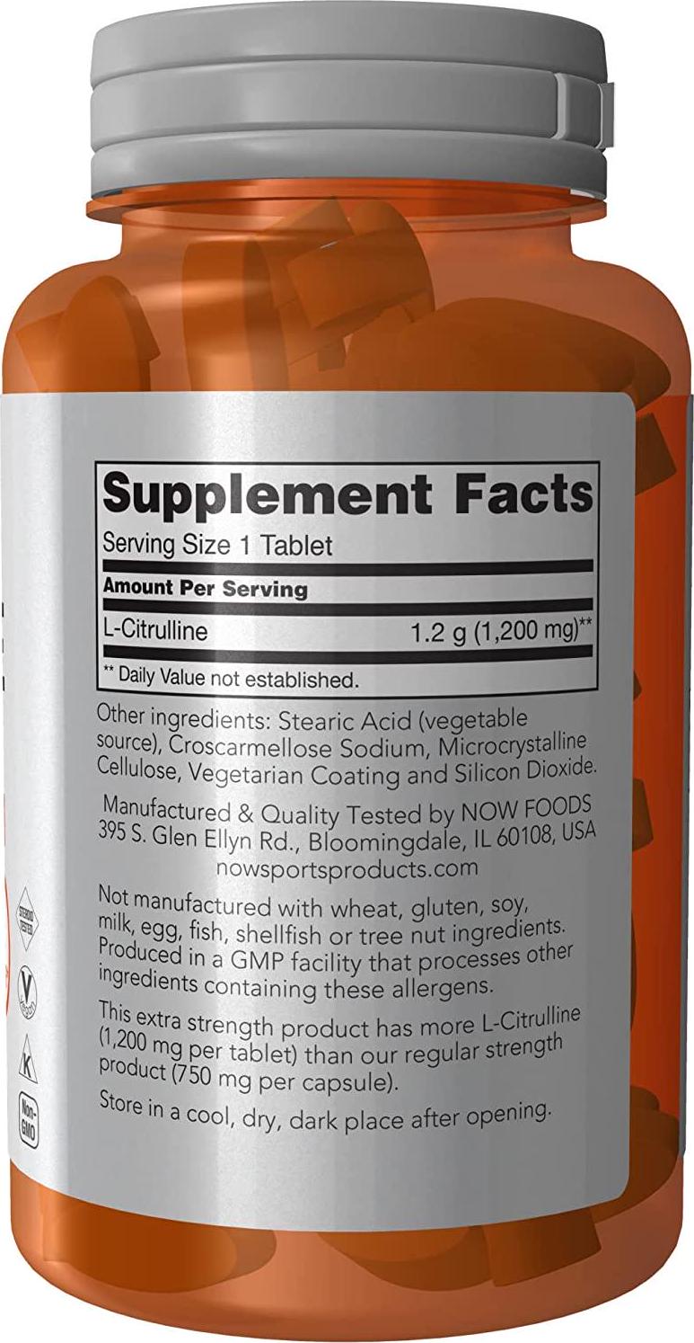 NOW Sports Nutrition, L-Citrulline, Extra Strength 1200 mg, Amino Acid, 120 Tablets (0116)