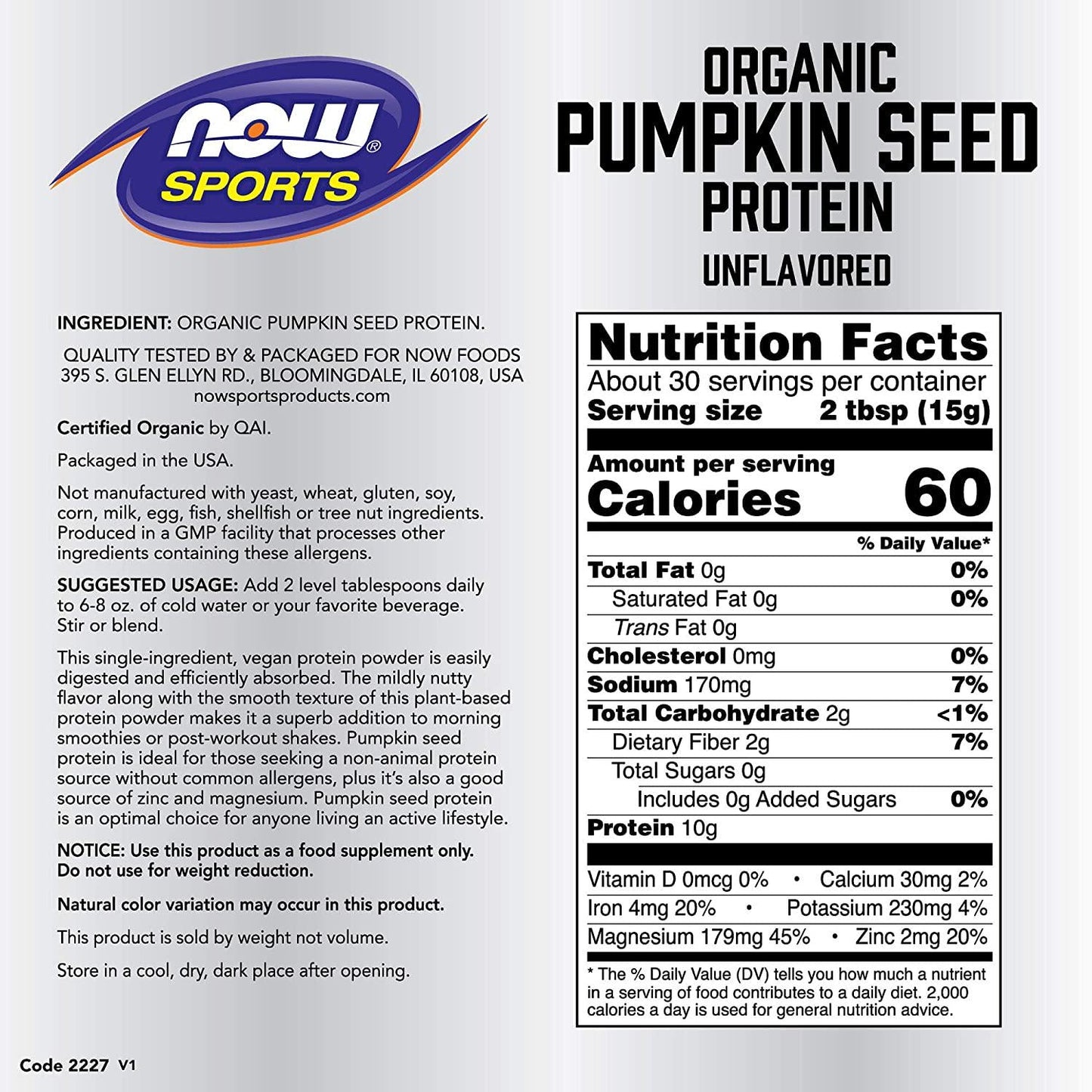 NOW Sports Nutrition, Organic Pumpkin Seed Protein Powder With 10g of Protein, Certified Non-GMO, Unflavored, 1-Pound