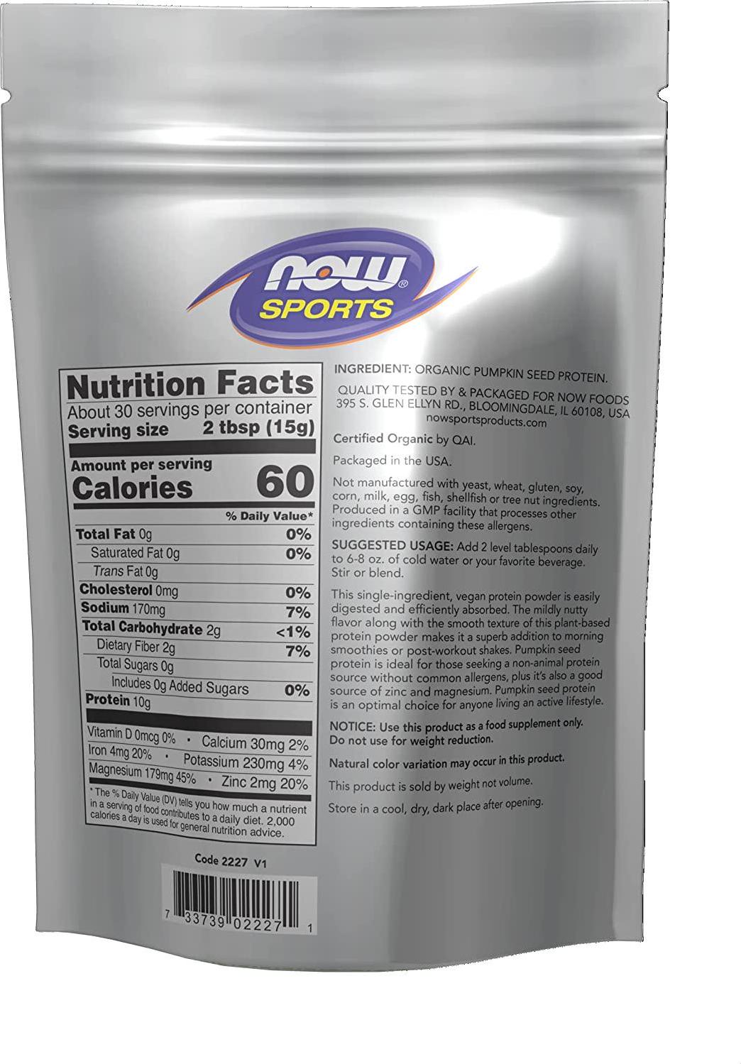 NOW Sports Nutrition, Organic Pumpkin Seed Protein Powder With 10g of Protein, Certified Non-GMO, Unflavored, 1-Pound