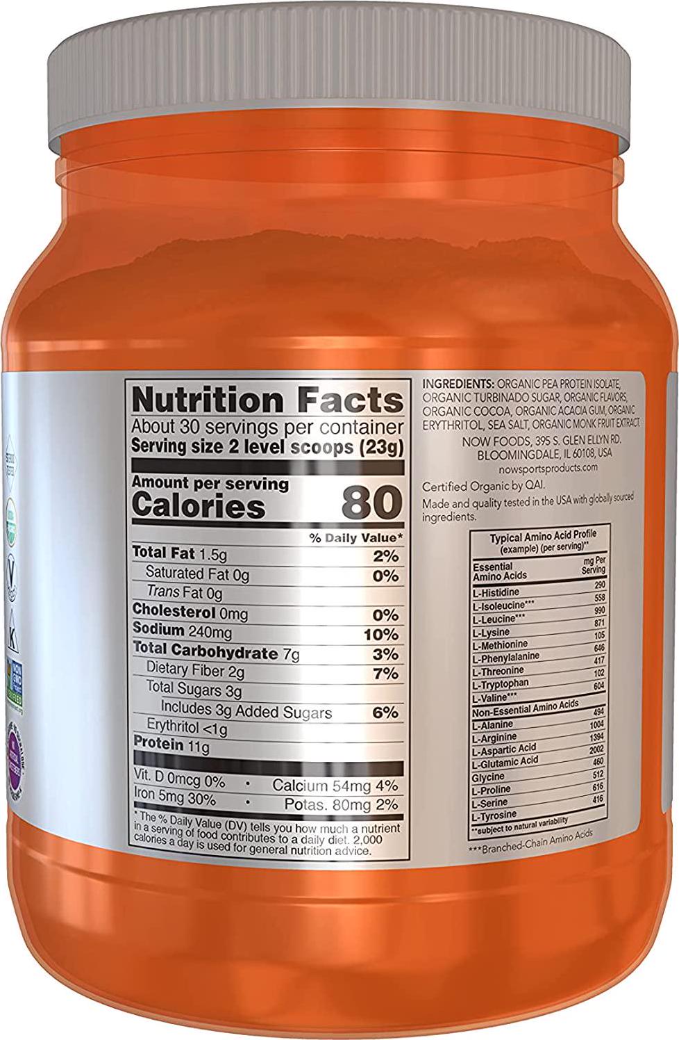 NOW Sports Nutrition, Certified Organic Pea Protein, 11g With BCAAs, Creamy Chocolate Powder, 1.5-Pound