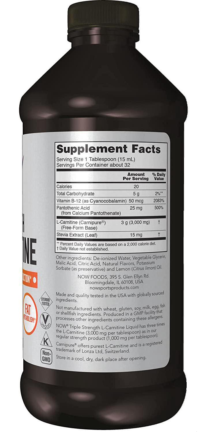 NOW Sports Nutrition, L-Carnitine Liquid, Triple Strength 3000 mg, Citrus, 16-Ounce