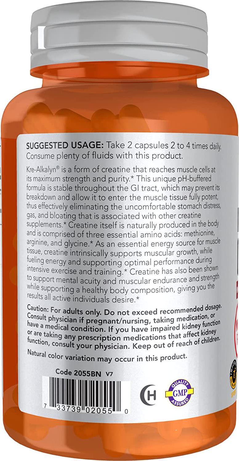 NOW Sports Nutrition, Kre-Alkalyn Creatine 750 mg, Mass Building*/Energy Production*, 120 Veg Capsules