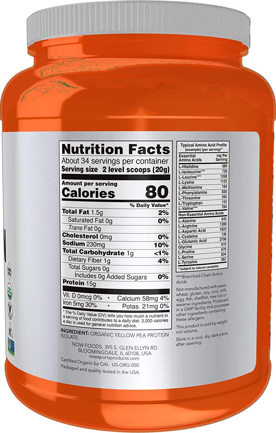 NOW Sports Nutrition, Certified Organic Pea Protein 15 Grams, Unflavored Powder, 1.5-Pound