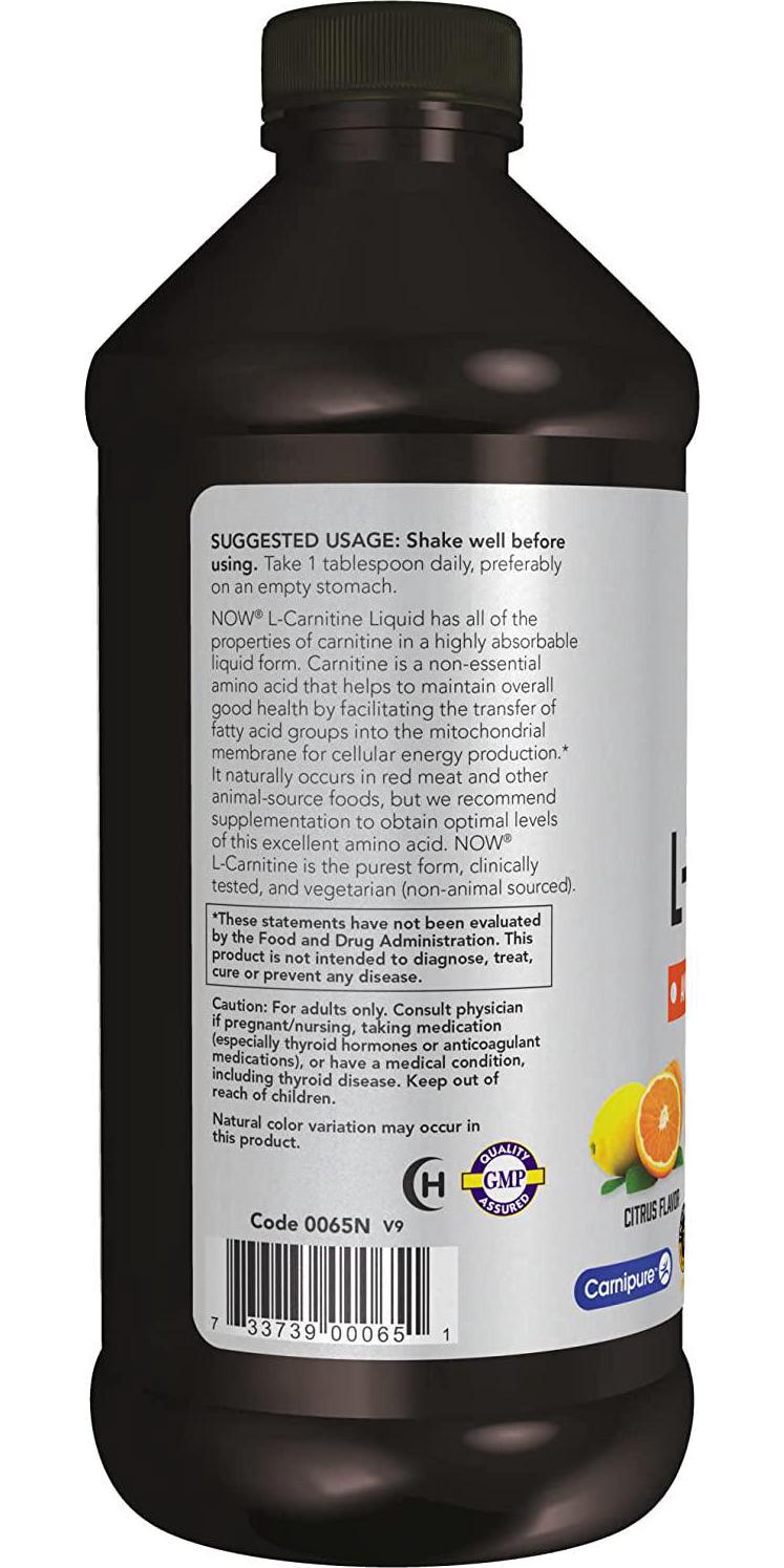NOW Sports Nutrition, L-Carnitine Liquid 1000 mg, Highly Absorbable, Citrus, 16-Ounce