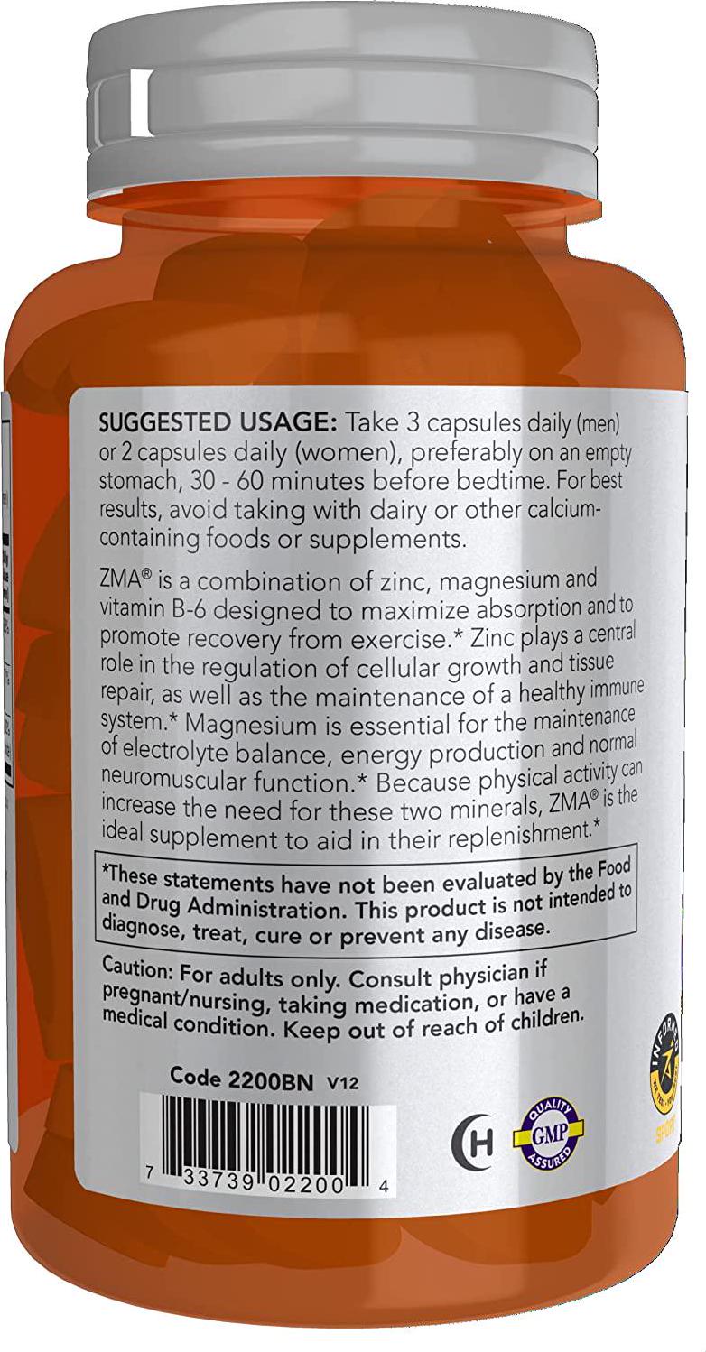 NOW Sports Nutrition, ZMA (Zinc, Magnesium and Vitamin B-6), Enhanced Absorption, Sports Recovery*, 90 Capsules