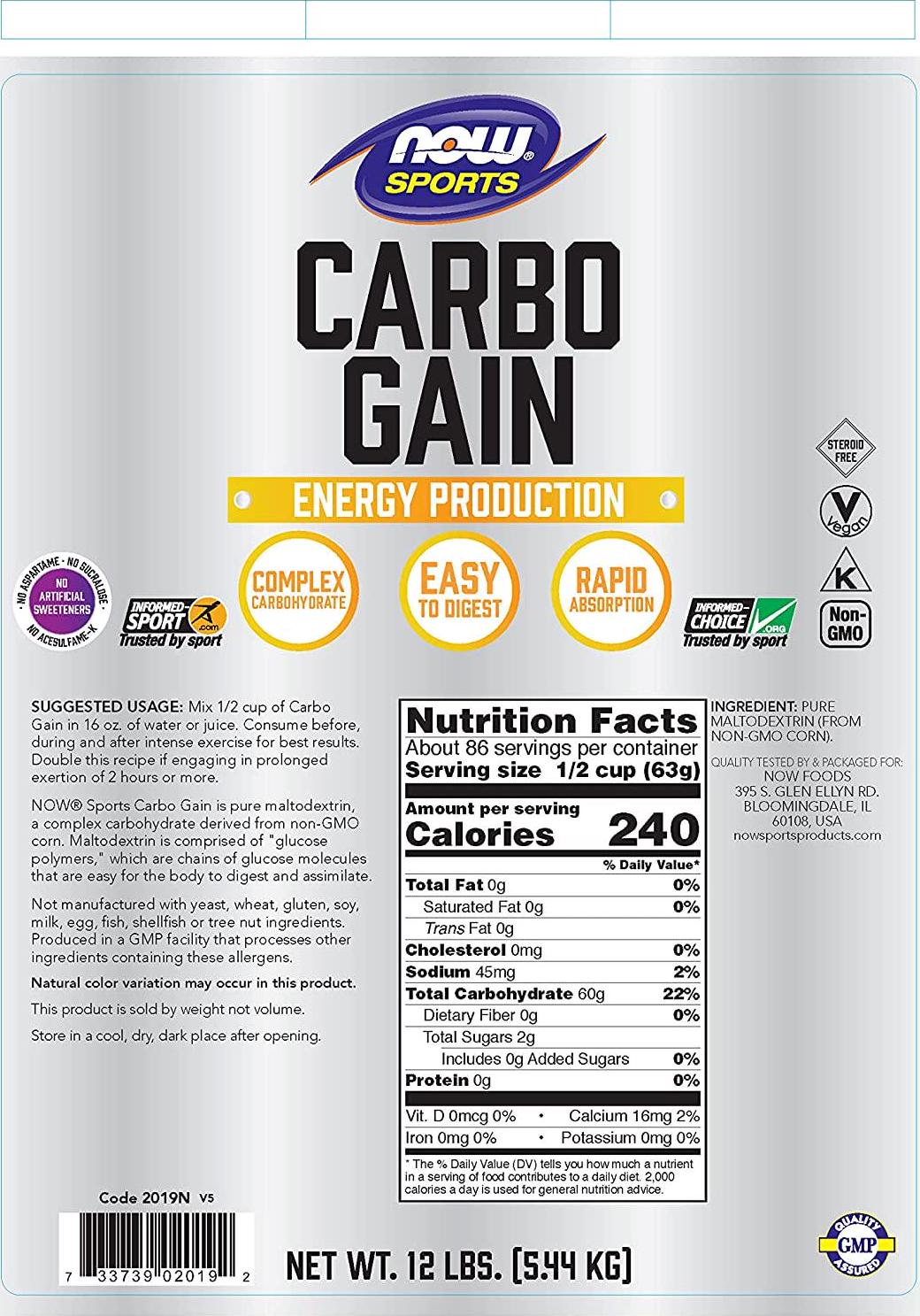 NOW Sports Nutrition, Carbo Gain Powder (Maltodextrin), Rapid Absorption, Energy Production, 12-Pound