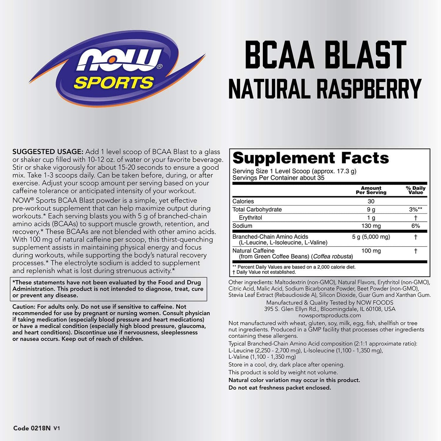 NOW Sports Nutrition, BCAA Blast Powder, 5 g BCAA, 100 mg Caffeine, Raspberry, 600-Grams