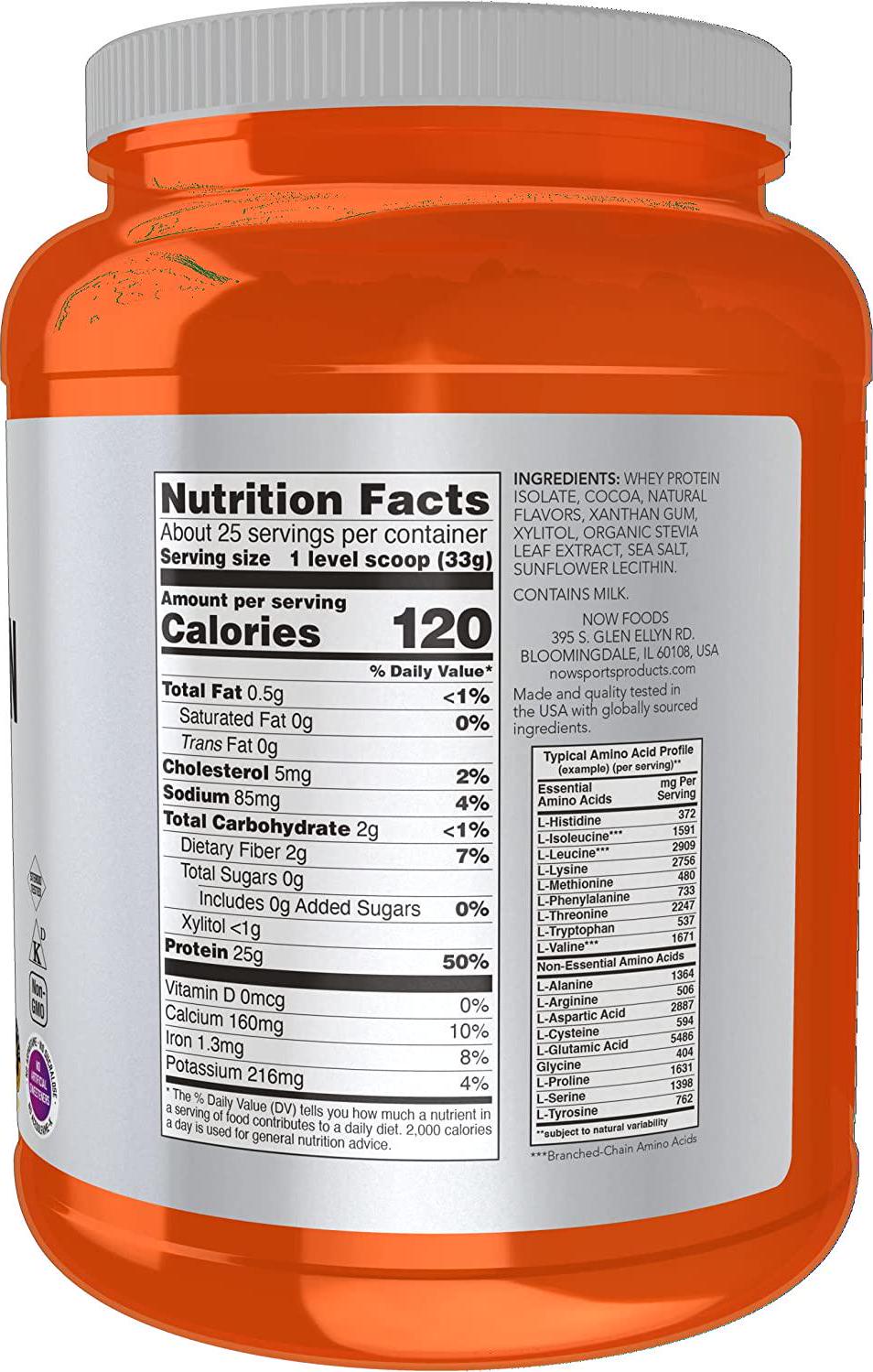 NOW Sports Nutrition, Whey Protein Isolate, 25 g With BCAAs, Creamy Chocolate Powder, 1.8-Pound