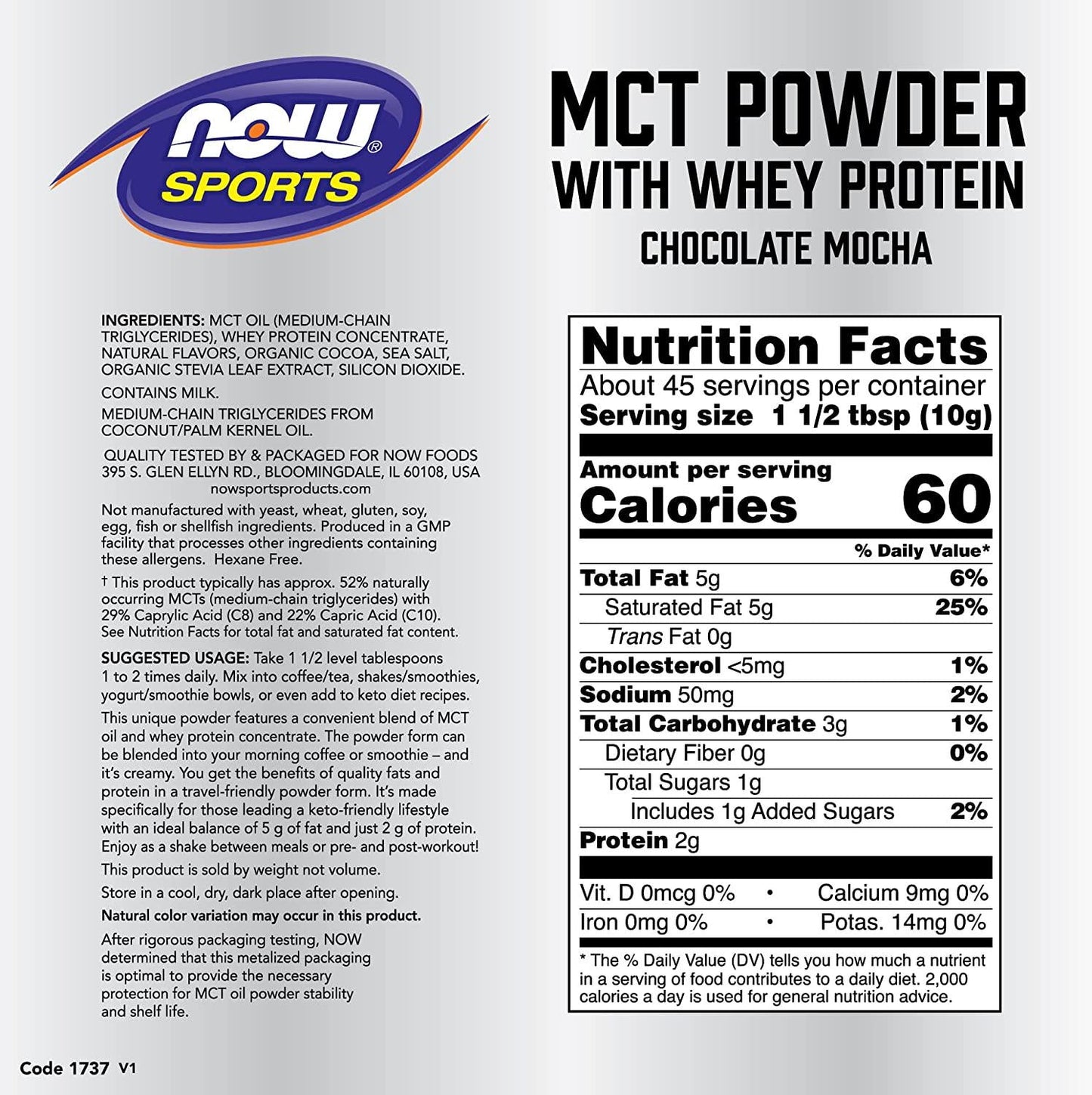 NOW Sports Nutrition, MCT Powder With Whey Protein Isolate, 52% MCTs, Chocolate Mocha, 1-Pound