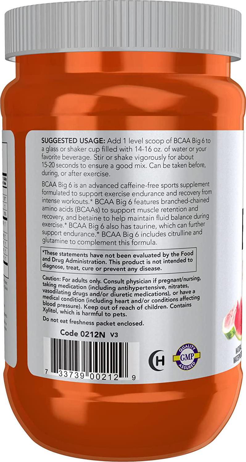 NOW Sports Nutrition, BCAA (Branched Chain Amino Acids) Big 6, Watermelon Flavor, 600 Grams