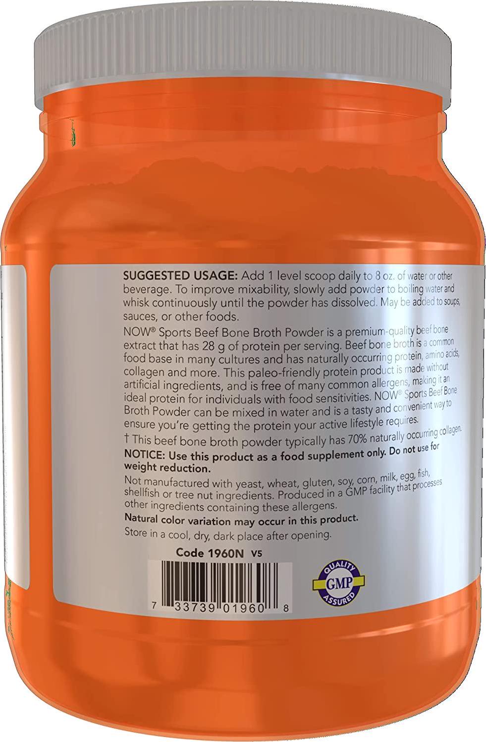 NOW Sports Nutrition, Beef Bone Broth Powder made with Premium-Quality Beef Bone Extract , 1.2-Pound
