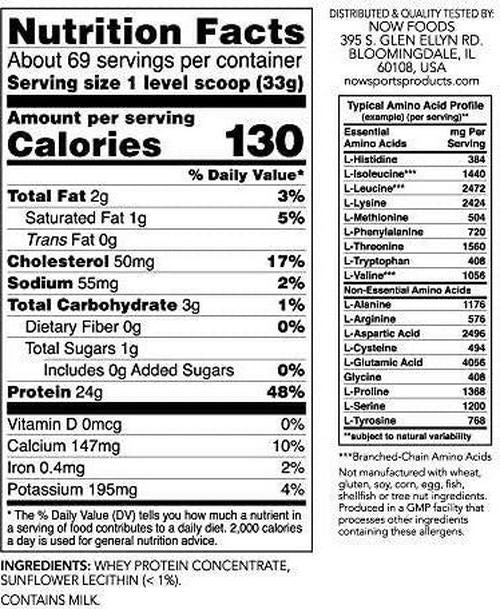 NOW Sports Nutrition, Whey Protein Concentrate, 24 G With BCAAs, Unflavored Powder, 5-Pound