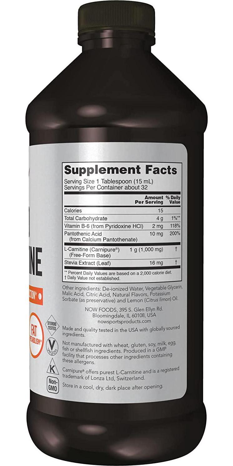 NOW Sports Nutrition, L-Carnitine Liquid 1000 mg, Highly Absorbable, Citrus, 16-Ounce