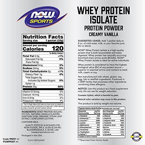 NOW Sports Nutrition, Whey Protein Isolate, 25 g With BCAAs, Creamy Vanilla Powder, 8-Packets