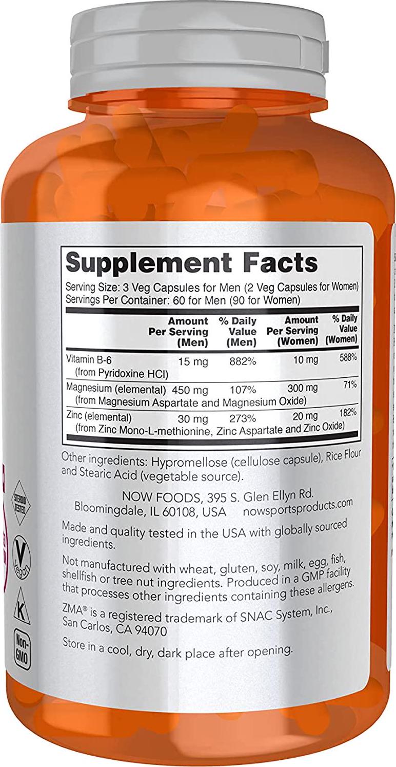 NOW Sports Nutrition, ZMA (Zinc, Magnesium and Vitamin B-6), Enhanced Absorption, Sports Recovery*, 180 Capsules