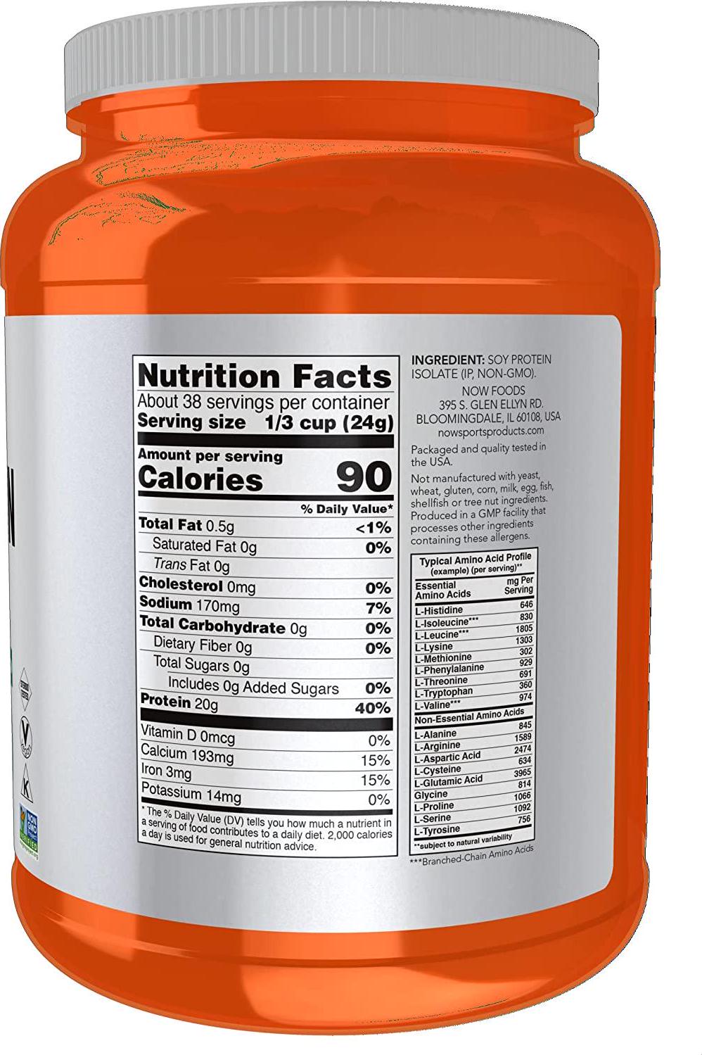 NOW Sports Nutrition, Soy Protein Isolate 20 g, 0 Carbs, Unflavored Powder, 2-Pound