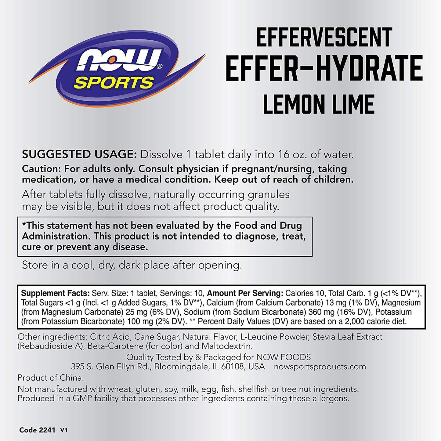 NOW Sports Nutrition, Effervescent Effer-Hydrate, Electrolyte Supplement, Recovery*, Lemon Lime, 10 Tablets