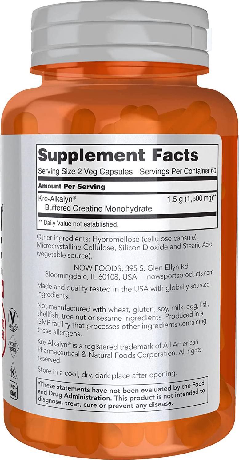 NOW Sports Nutrition, Kre-Alkalyn Creatine 750 mg, Mass Building*/Energy Production*, 120 Veg Capsules