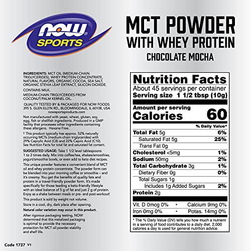 NOW Sports Nutrition, MCT Powder With Whey Protein Isolate, 52% MCTs, Chocolate Mocha, 1-Pound