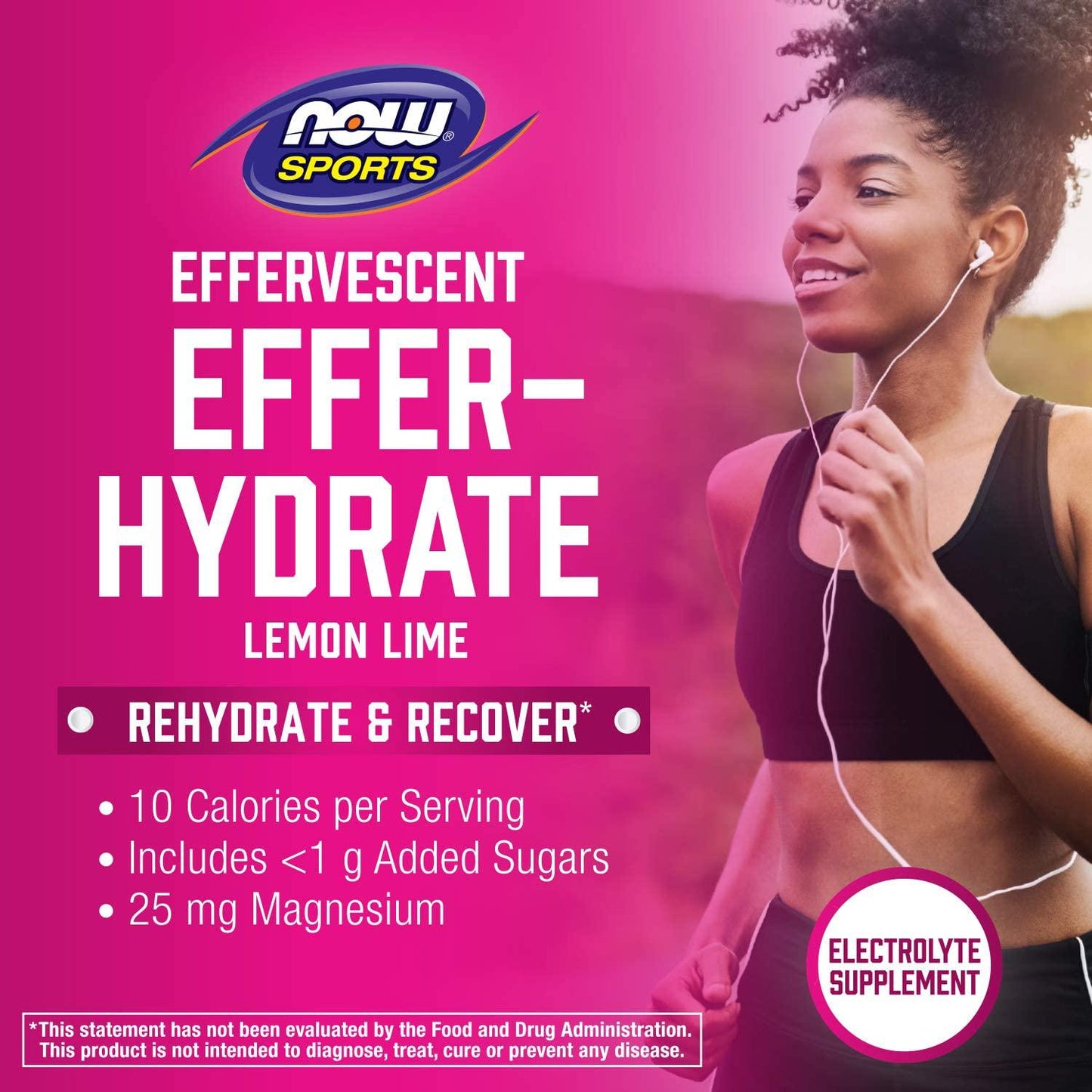 NOW Sports Nutrition, Effervescent Effer-Hydrate, Electrolyte Supplement, Recovery*, Lemon Lime, 10 Tablets