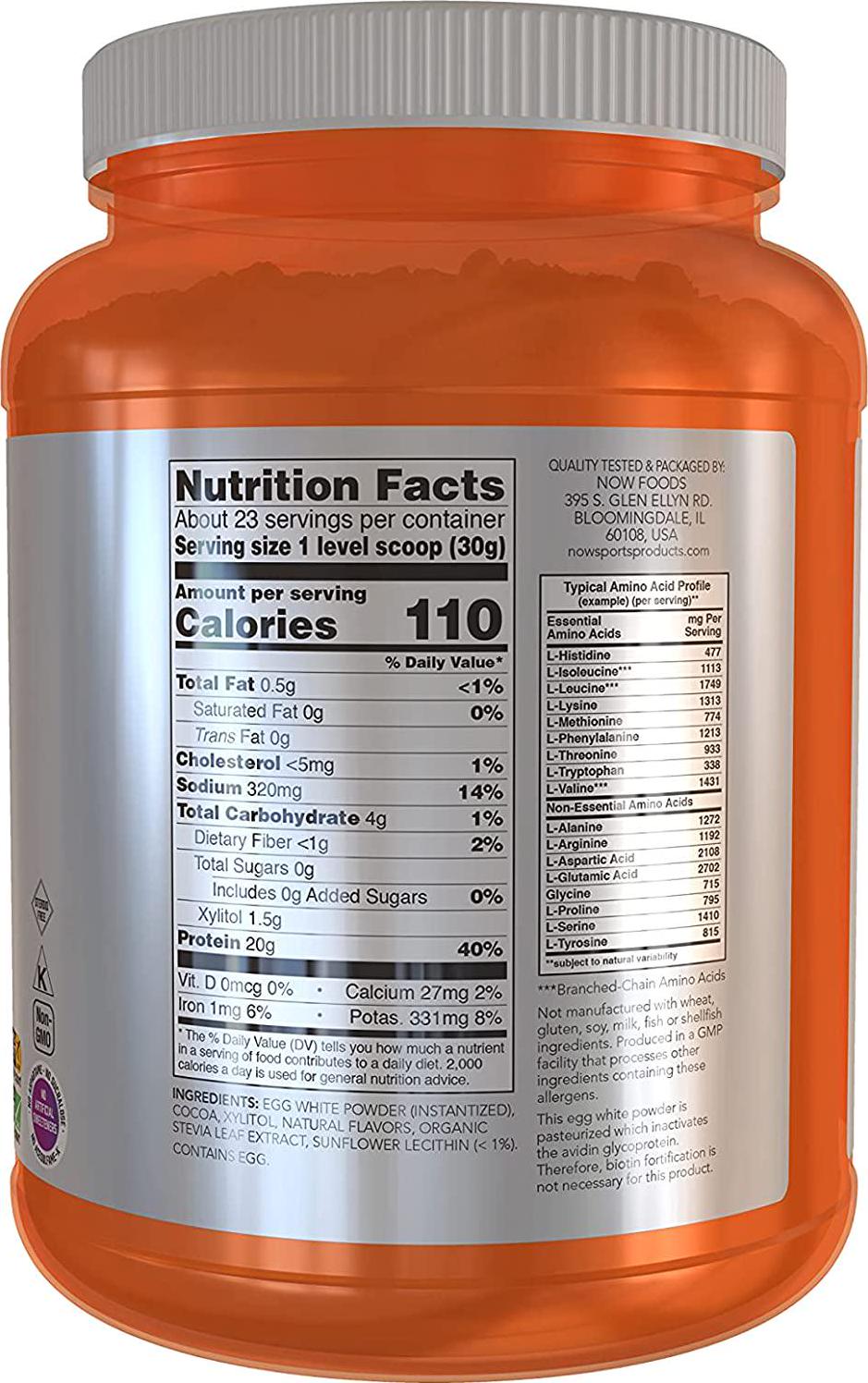 NOW Sports Nutrition, Egg White Protein, 20 g With BCAAs, Creamy Chocolate Powder, 1.5-Pound