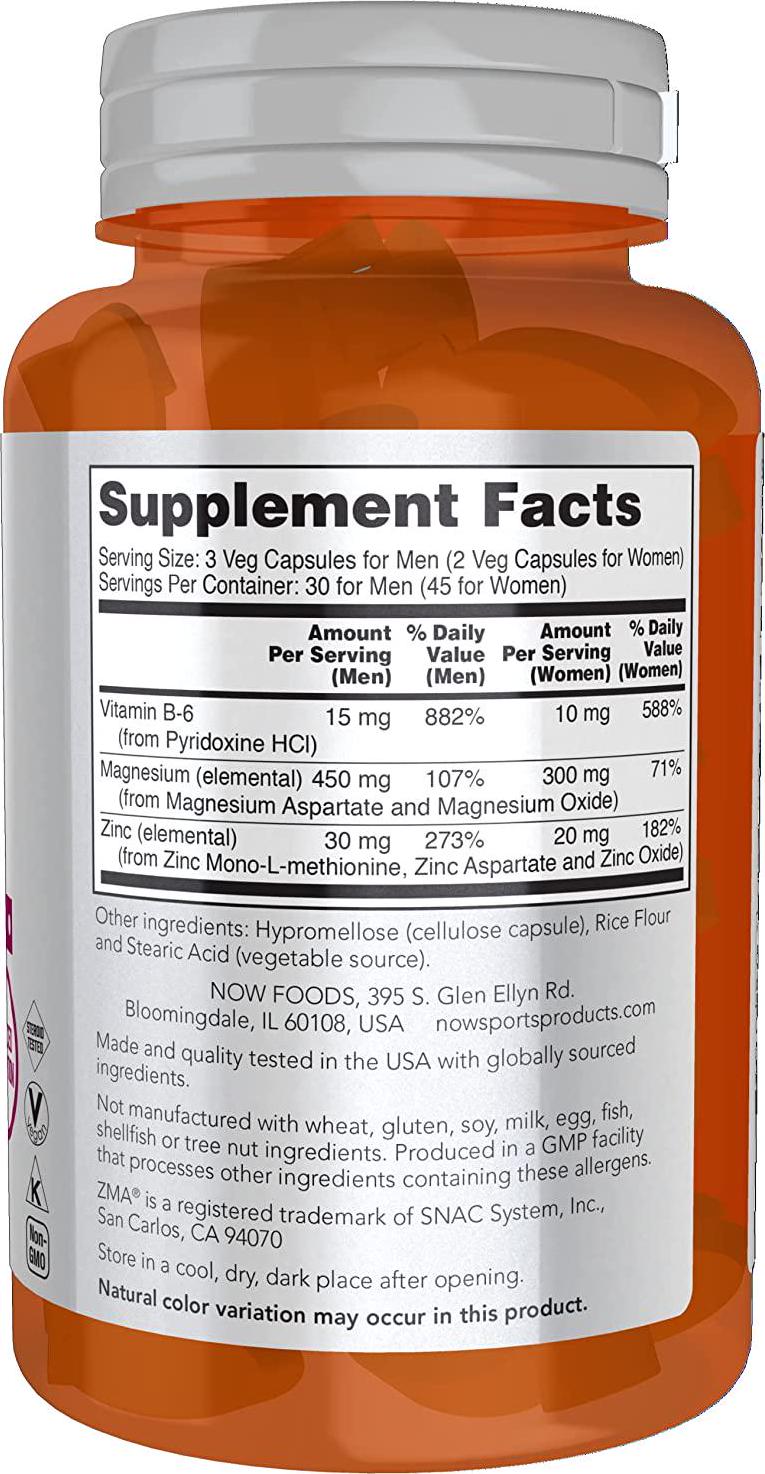 NOW Sports Nutrition, ZMA (Zinc, Magnesium and Vitamin B-6), Enhanced Absorption, Sports Recovery*, 90 Capsules