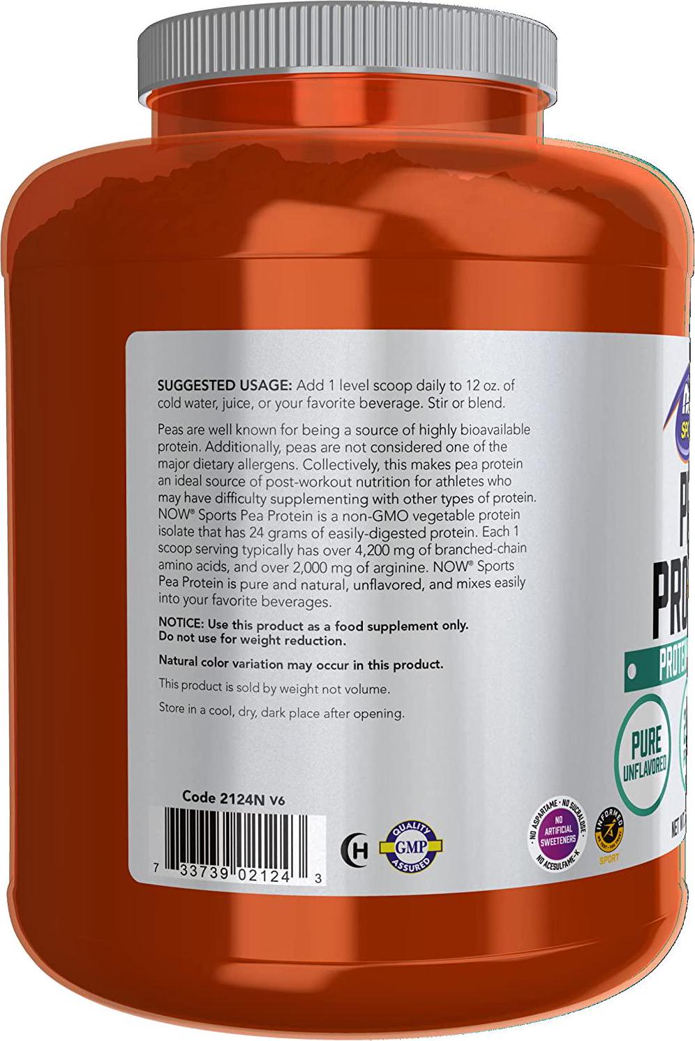 NOW Sports Pea Protein Natural Unflavored Powder,7-Pound