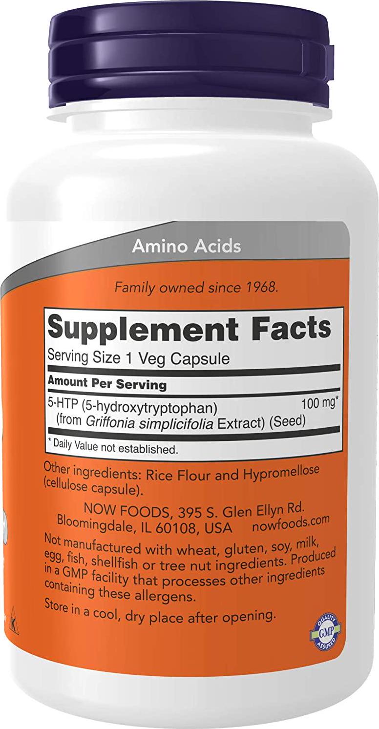 NOW Supplements, 5-HTP (5-hydroxytryptophan) 100 mg, Neurotransmitter Support*, 120 Veg Capsules
