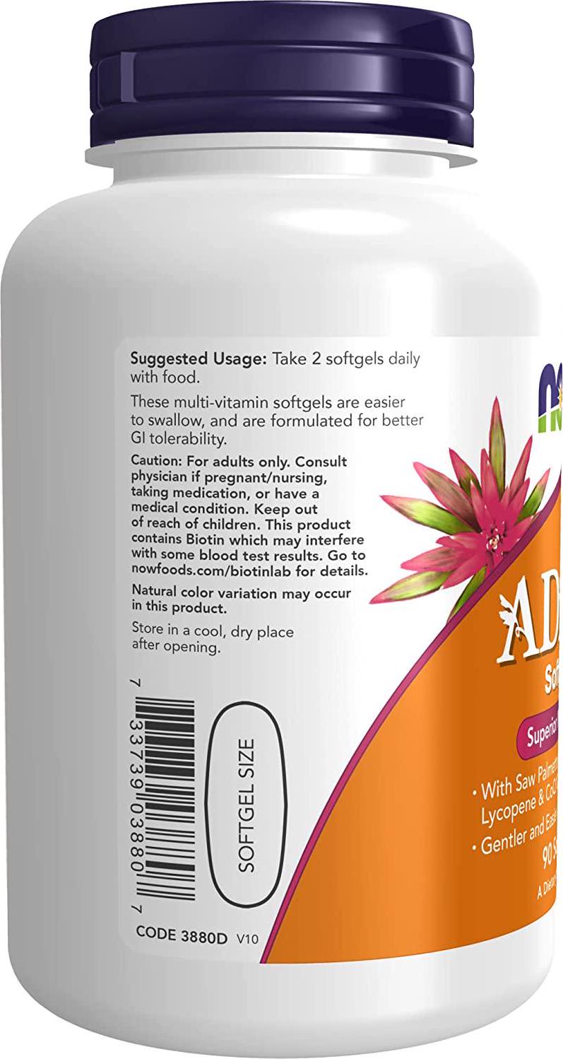 NOW Supplements, ADAM Men's Multivitamin with Saw Palmetto, Plant Sterols, Lycopene and CoQ10, 90 Softgels